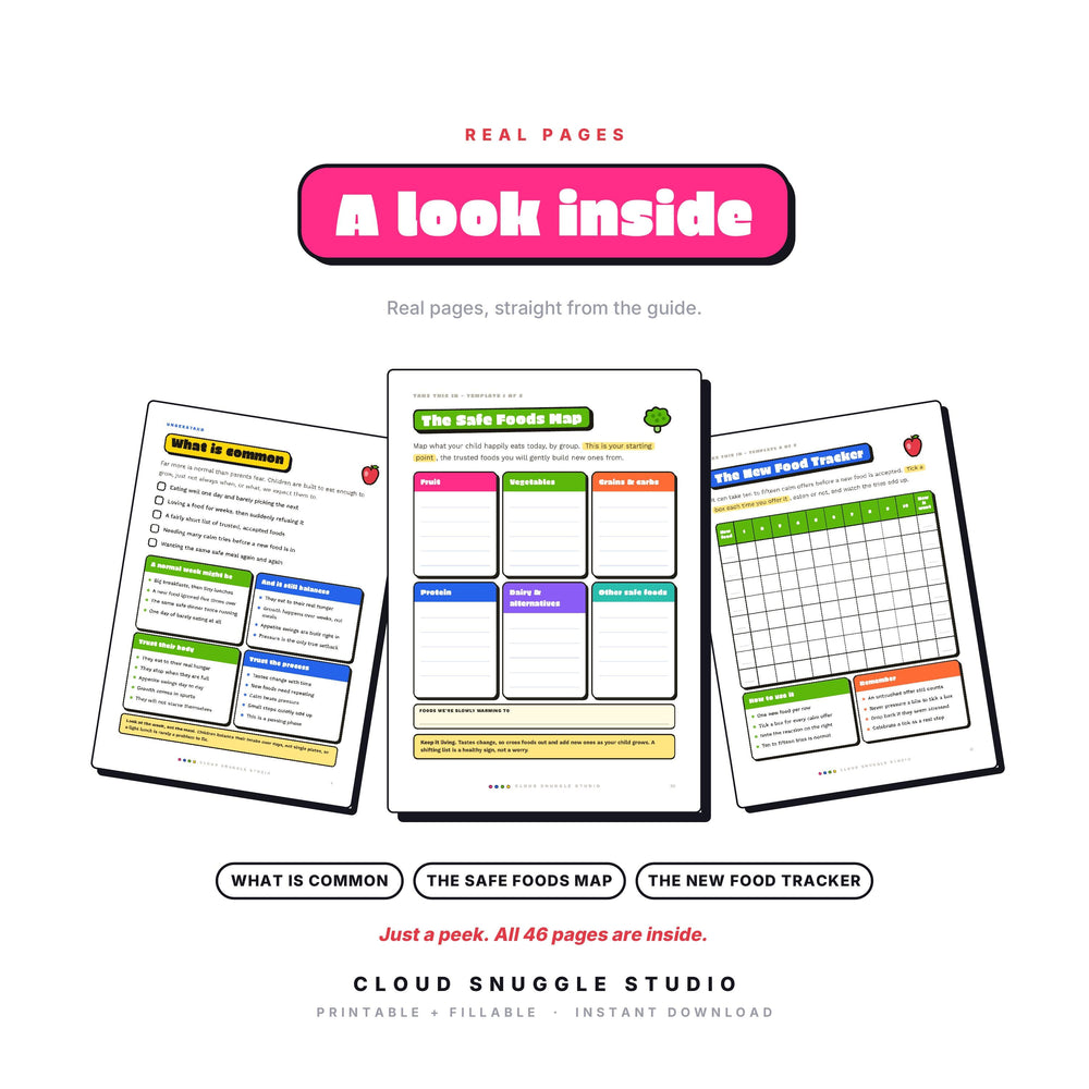 Three real pages from The Table Truce: What is common, The Safe Foods Map, The New Food Tracker. A picky eater guide printable for parents, shown full size so you can see the layout before you buy.