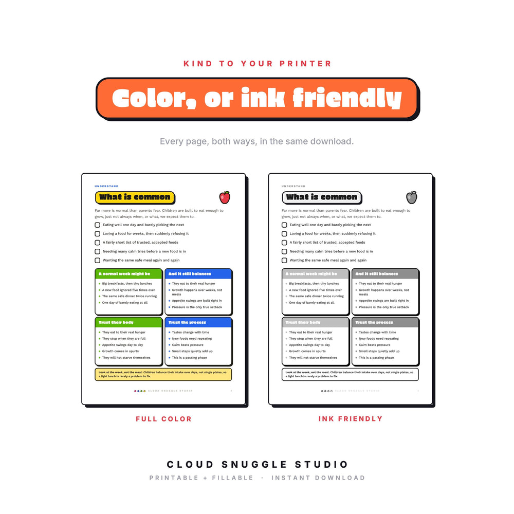 One page of The Table Truce shown twice, in full color and in ink friendly gray. Every page of this picky eater guide printable for parents comes both ways, so you print whatever your cartridge can spare.