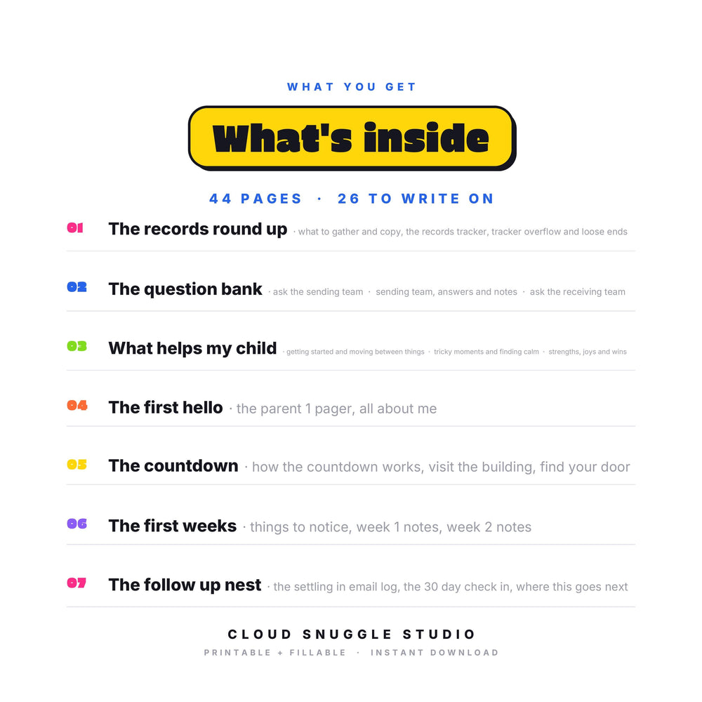 Inside The School Transition Kit: The records round up, The question bank, What helps my child, The first hello, The countdown. A school transition kit printable with 44 pages, 26 of them to write on. Instant digital download, no physical item.