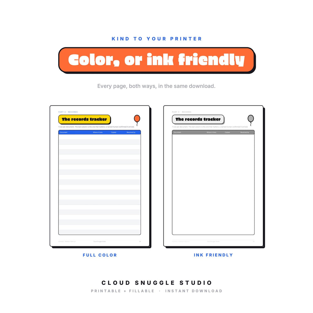 One page of The School Transition Kit shown twice, in full color and in ink friendly gray. Every page of this school transition kit printable comes both ways, so you print whatever your cartridge can spare.