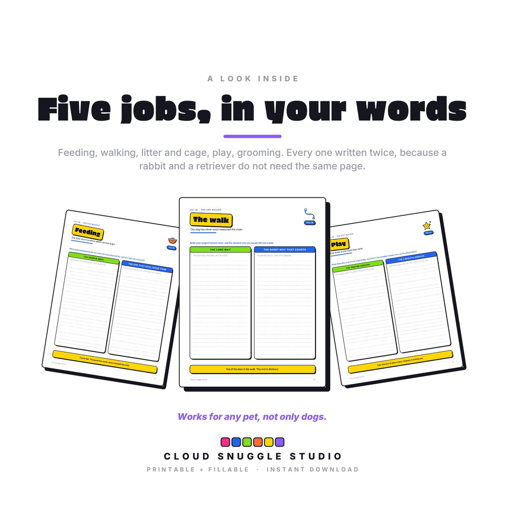 A look inside Fed and Walked, real pages shown full size (1 of 3). A printable and fillable PDF from Cloud Snuggle Studio.