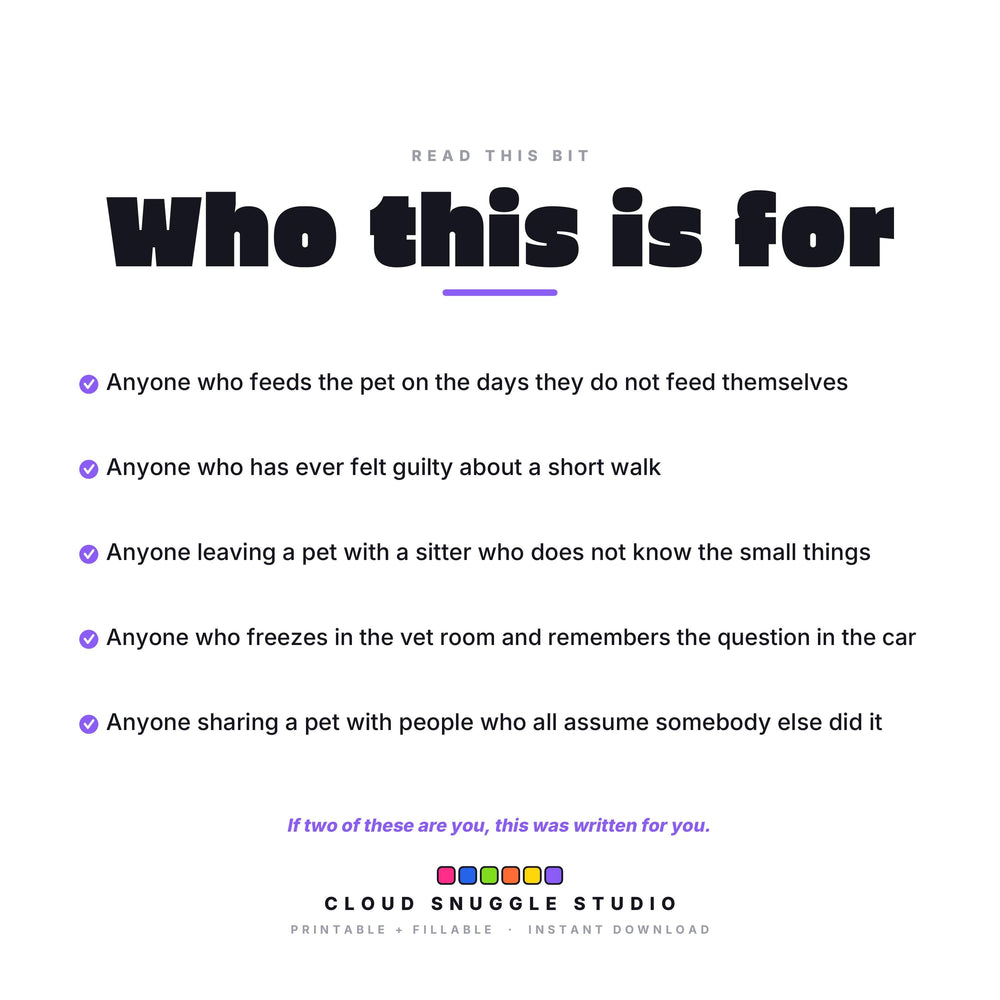 Who Fed and Walked is for. A printable and fillable PDF from Cloud Snuggle Studio.