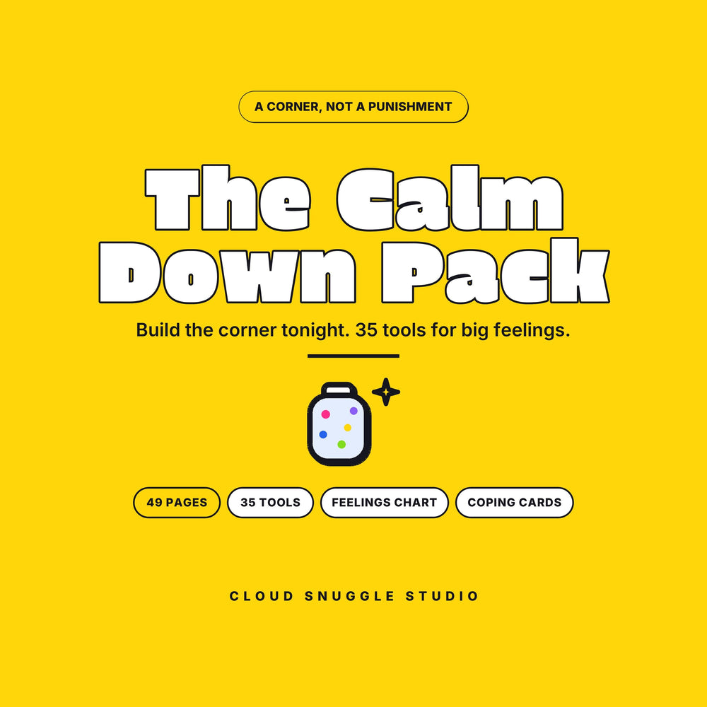 The Calm Down Pack, a calm down kit printable for kids from Cloud Snuggle Studio. 35 tools across 49 pages. Printable and fillable PDF, A4 and US Letter, color and ink friendly. Instant digital download.