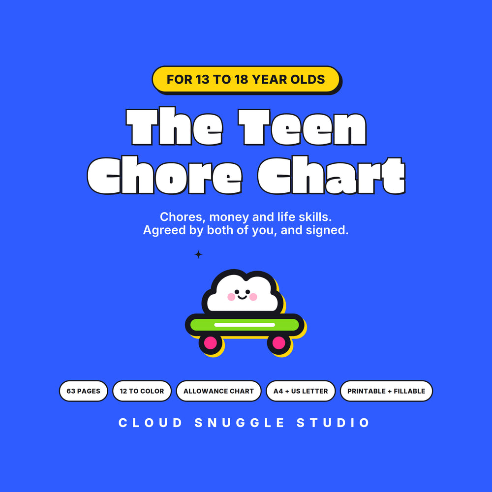 Hero image for The Teen Chore Chart, a printable chore chart for 13 to 18 year olds, with a cloud on a skateboard, 63 pages, allowance chart, A4 and US Letter, printable and fillable.