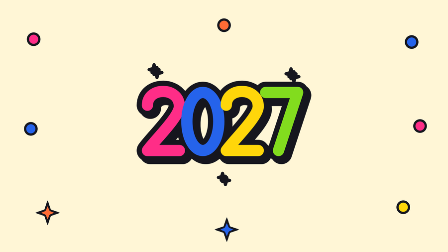 The number 2027 in pink, blue, yellow and green with small sparkles, on a pale yellow background.