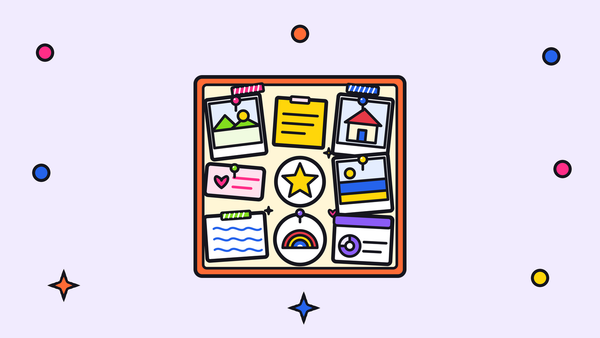 A colorful vision board illustration with photos, notes and a star pinned to a board, on a lilac background.