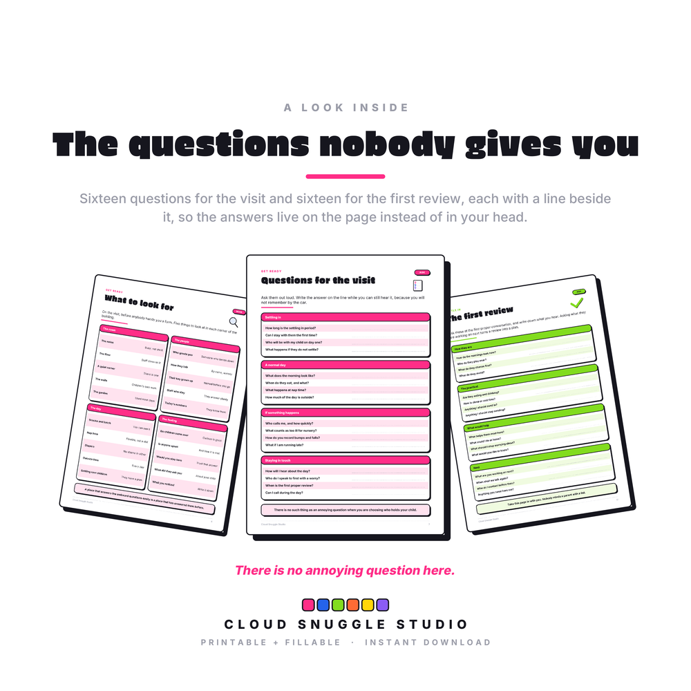 Preview of the questions pages: sixteen questions for the nursery visit and sixteen for the first review, each with a write on line for the answer.