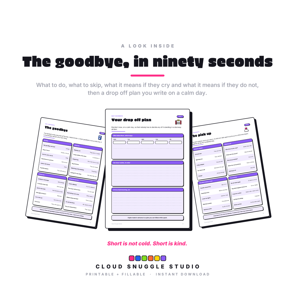 Preview of the goodbye pages: what to do and what to skip at drop off, what it means if a toddler cries, and a drop off plan to fill in.