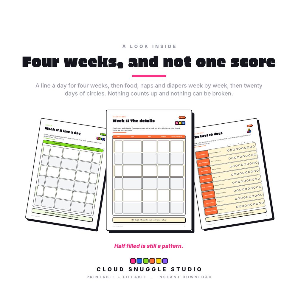 Preview of the tracker pages: a line a day for four weeks, plus food, nap and diaper trackers with no scores and nothing that counts up.