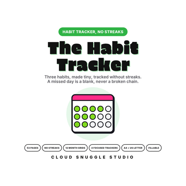 Habit tracker printable, The Habit Tracker by Cloud Snuggle Studio, with a calendar of green ticks and blanks, 53 pages, no streaks, 12 month grids and 4 focused trackers.