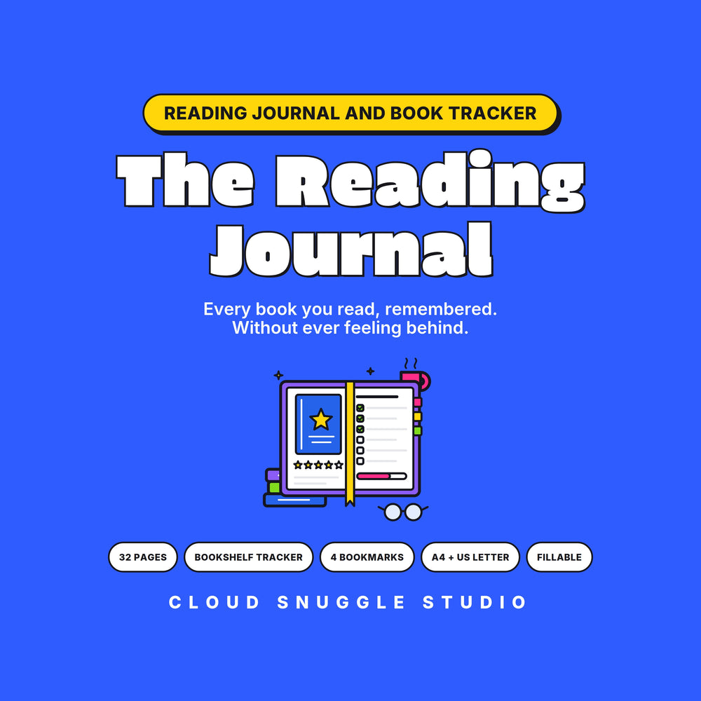 Reading journal printable, The Reading Journal by Cloud Snuggle Studio, on a blue cover with an open reading journal, 32 pages with a bookshelf tracker and bookmarks.