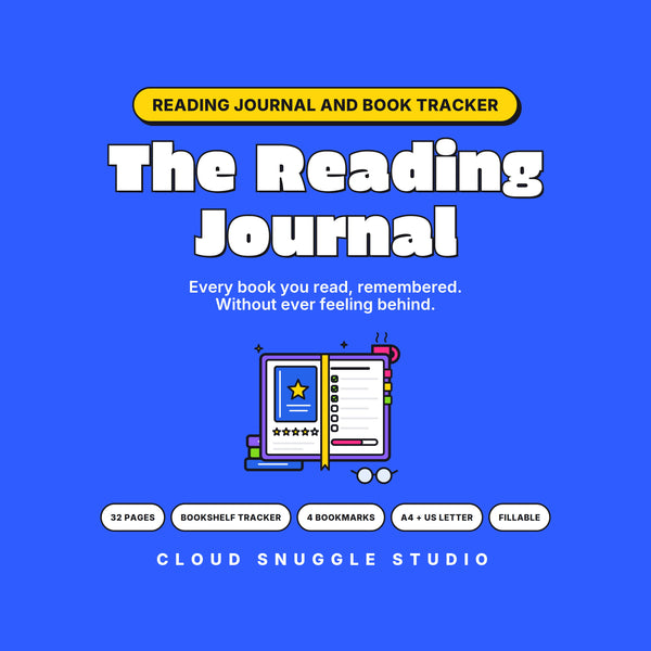 Reading journal printable, The Reading Journal by Cloud Snuggle Studio, on a blue cover with an open reading journal, 32 pages with a bookshelf tracker and bookmarks.