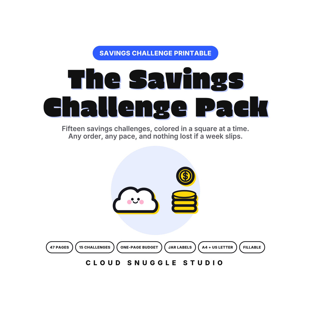 Savings challenge printable, The Savings Challenge Pack by Cloud Snuggle Studio, with Snug counting coins, 47 pages with 15 challenges, a one-page budget and jar labels.