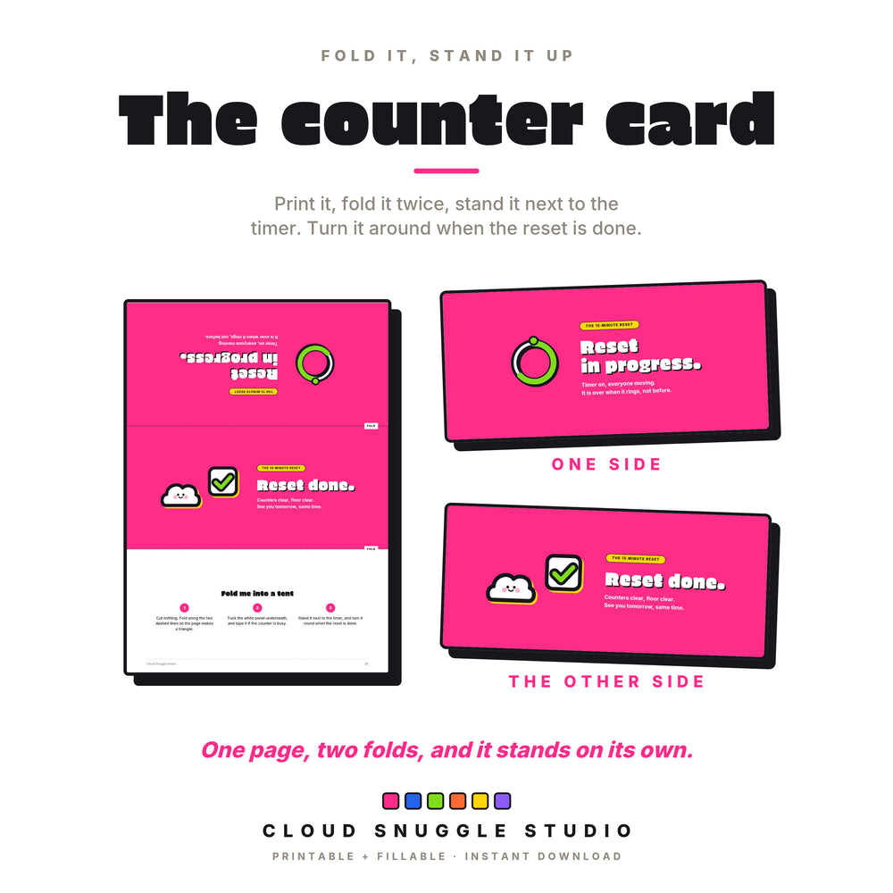 The counter card from the family chore chart, a page that folds into a tent with Reset in progress on one side and Reset done on the other.