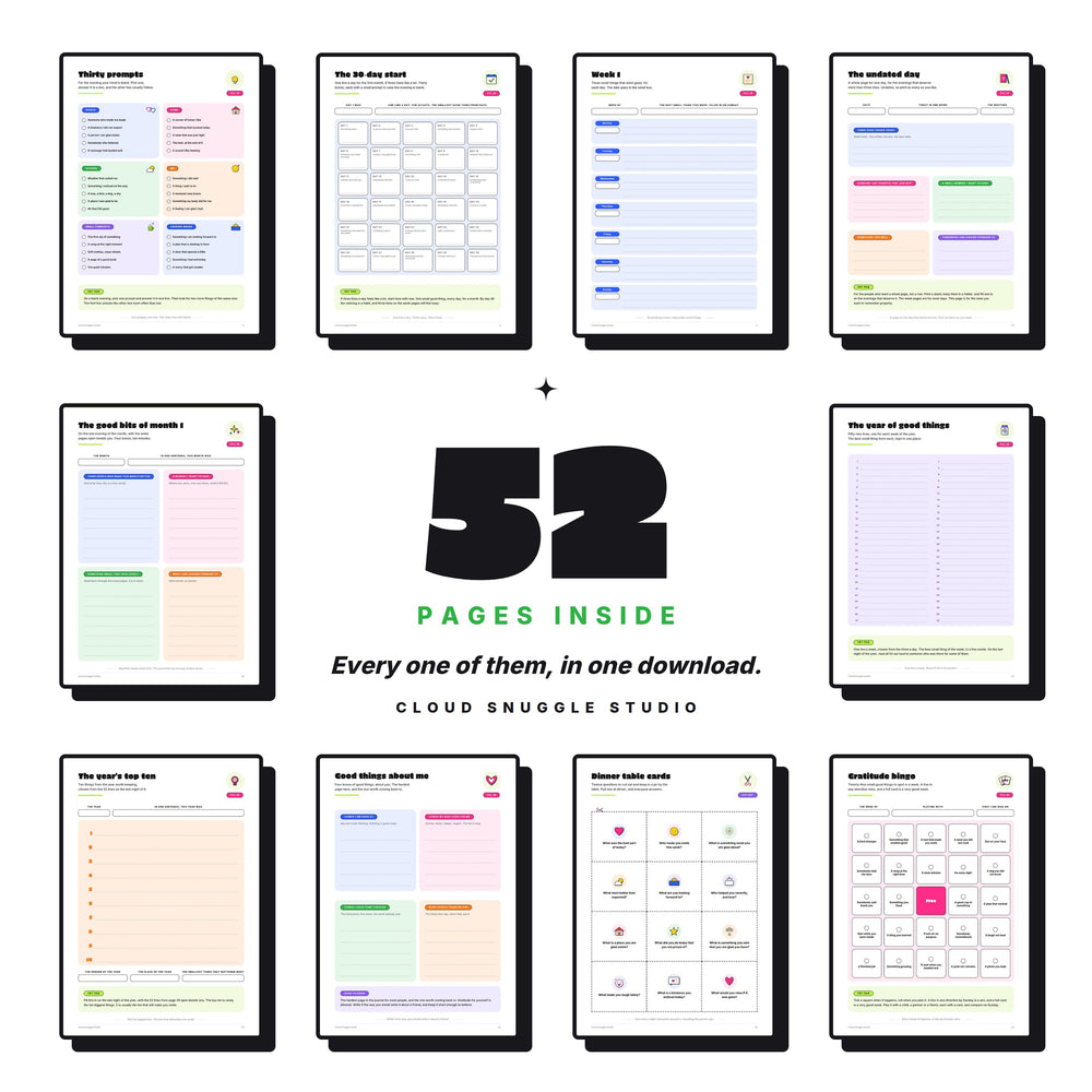 A grid of 10 page previews around a large 52 shows all pages in one download, from the prompts to gratitude bingo.