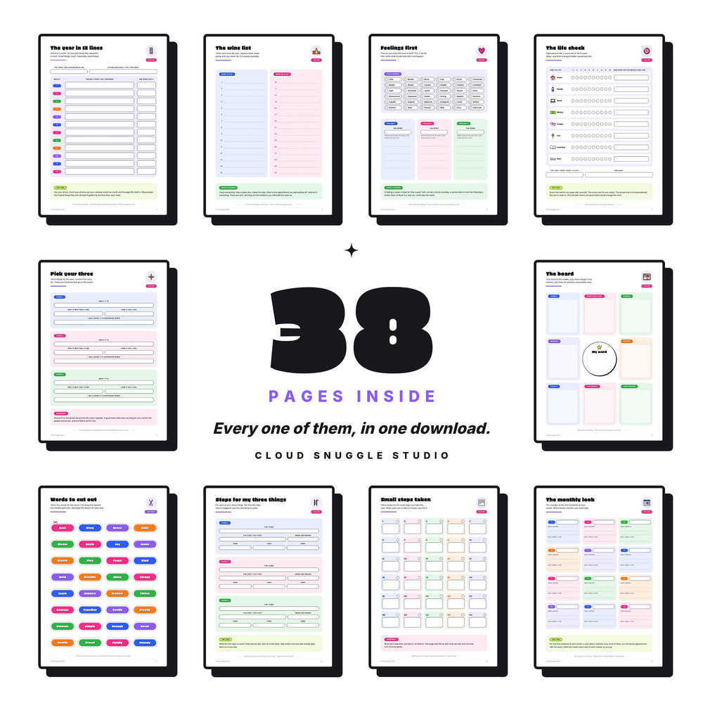 A grid of 10 page previews around a large 38 shows all pages in one download, from the year in 12 lines to the board and the monthly look.
