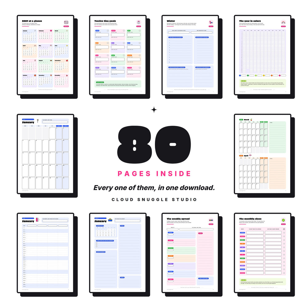 A grid of 10 page previews around a large 80 shows all pages in one download, from the year at a glance to the monthly close.