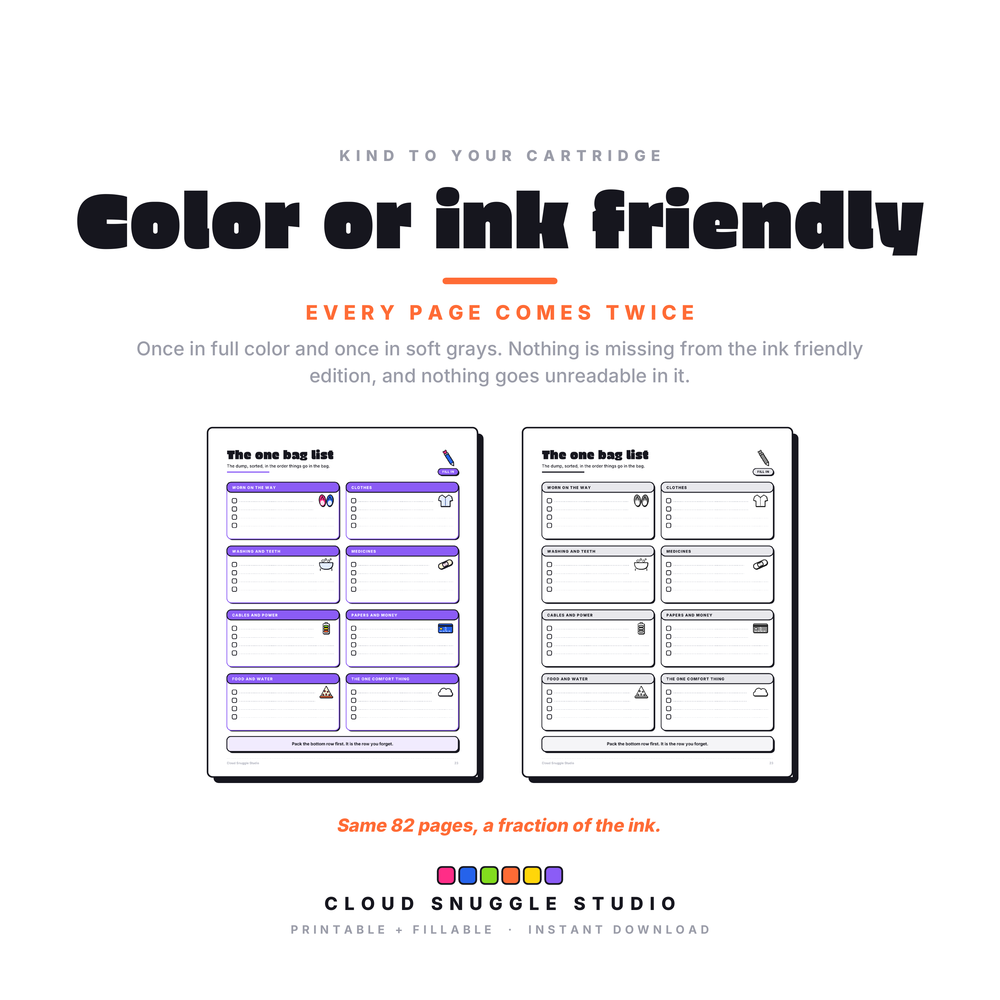 One page of The Scattered Traveler in full color and in ink friendly gray, both included. A printable and fillable PDF from Cloud Snuggle Studio.