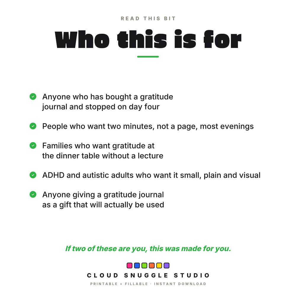 Who the gratitude journal is for, including anyone who stopped on day four, and families who want gratitude at the dinner table.