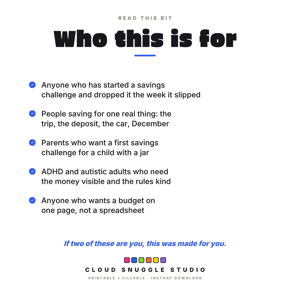 Who the savings challenge pack is for, including anyone who dropped a challenge when a week slipped, and parents with a child and a jar.