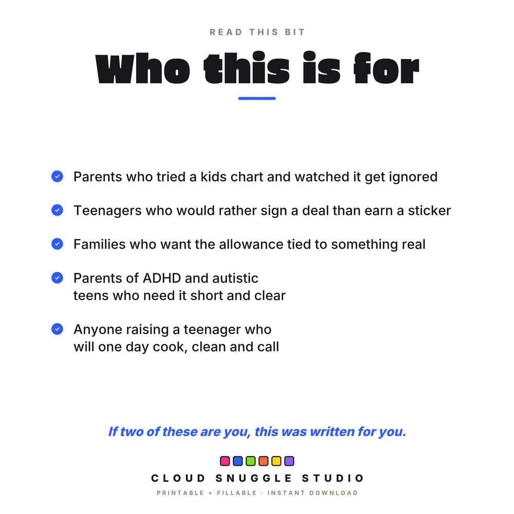 Who the teen chore chart is for, including parents whose kids chart got ignored and parents of ADHD and autistic teens.
