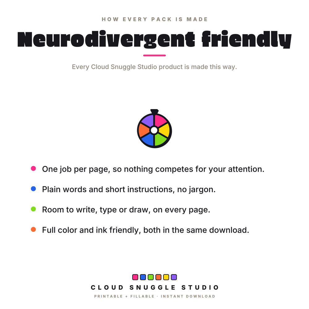 Neurodivergent friendly design: one job per page, plain words, room to write, and color plus ink friendly editions.