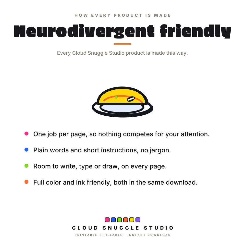 Neurodivergent friendly in every product, with an omelette: one job per page, plain words, room to write, and color plus ink friendly editions.
