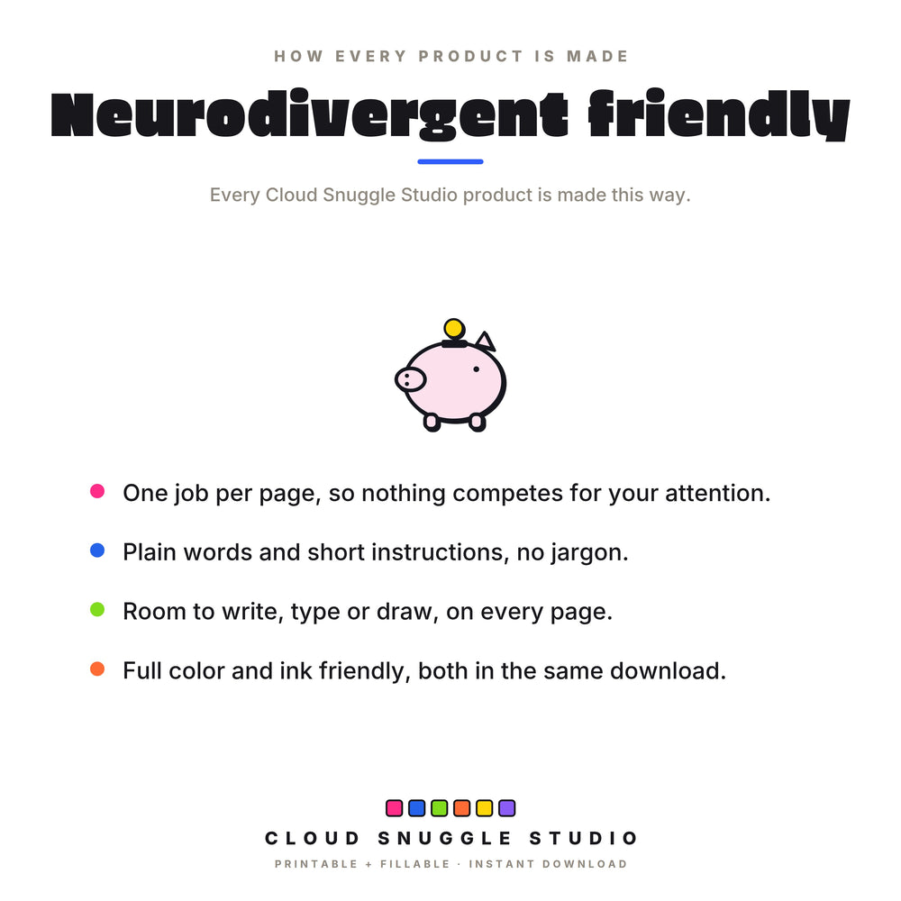Neurodivergent friendly in every product, with a piggy bank: one job per page, plain words, room to write, and color plus ink friendly editions.