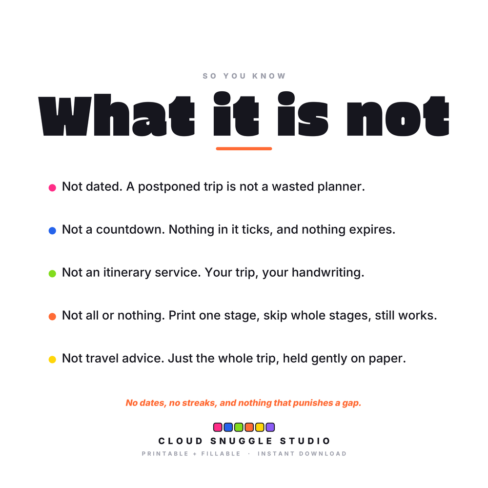 What The Scattered Traveler is not, so you know exactly what you are buying. A printable and fillable PDF from Cloud Snuggle Studio.