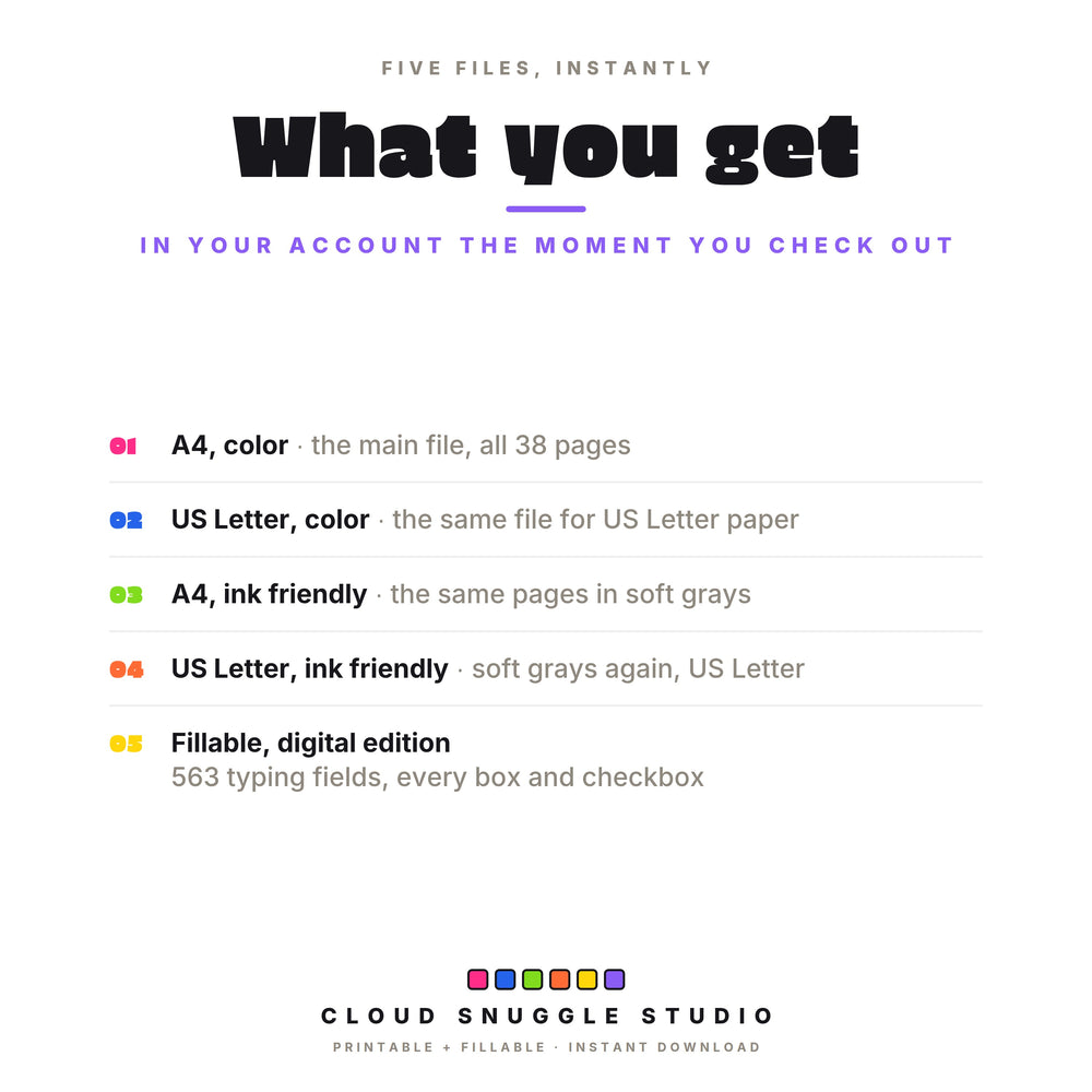What you get: 5 PDF files, A4 color, US Letter color, A4 ink friendly, US Letter ink friendly, and a fillable edition with 563 fields.