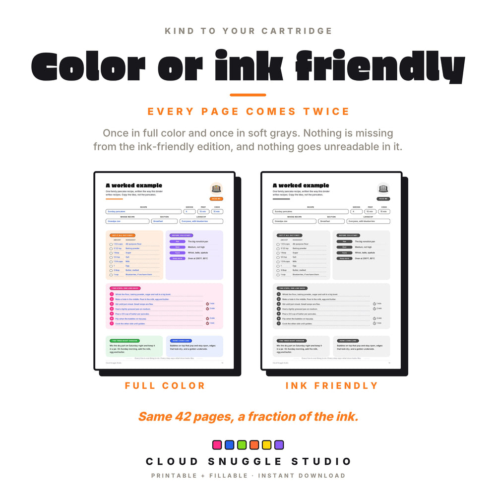 The worked example recipe page in full color and in ink friendly grays, with both versions in one download.