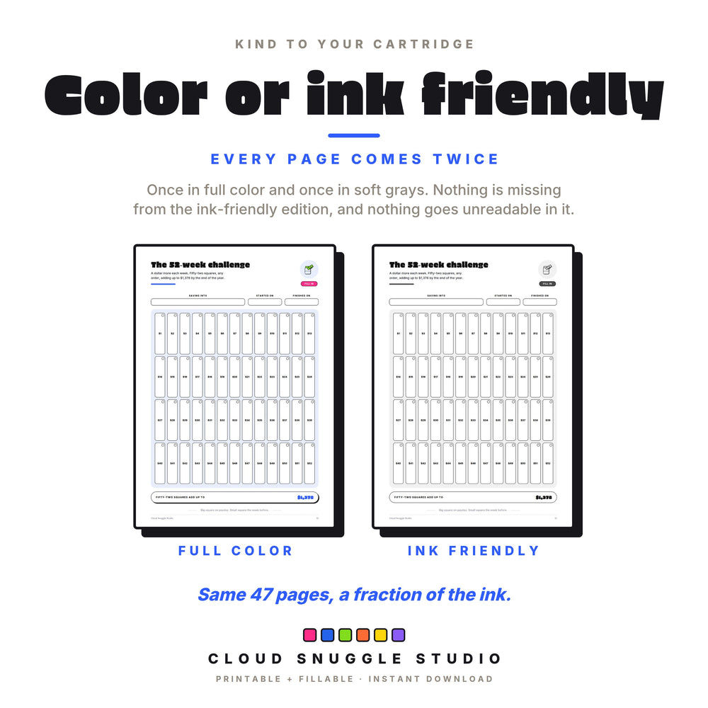 The 52-week savings challenge in full color and in ink friendly grays, with both versions in one download.