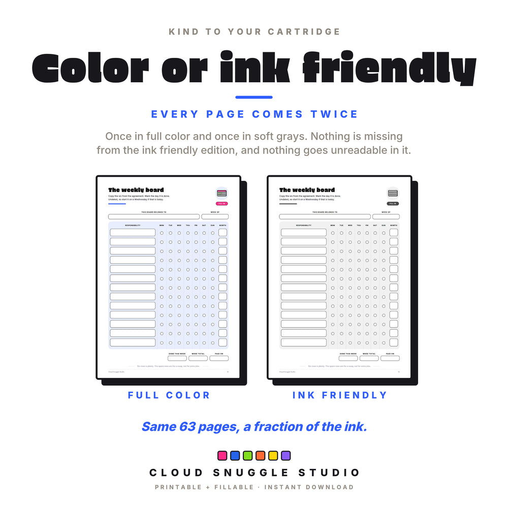 The weekly board shown twice, in full color and in the ink friendly soft gray edition.