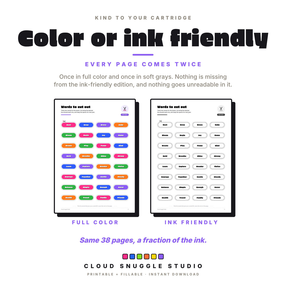 The words to cut out page in full color and in ink friendly grays, with both versions in one download.