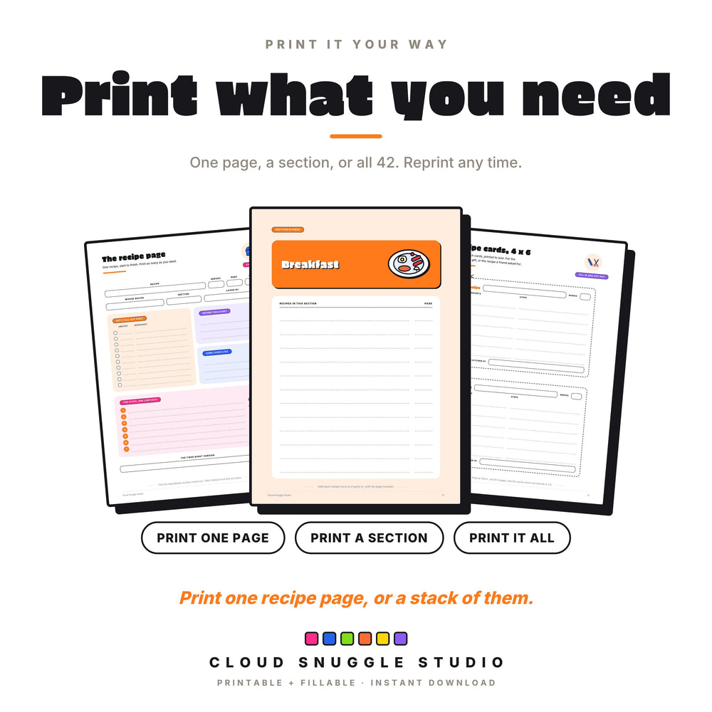 Print one page or a stack, shown with the recipe page, a section divider and the 4 x 6 recipe cards.