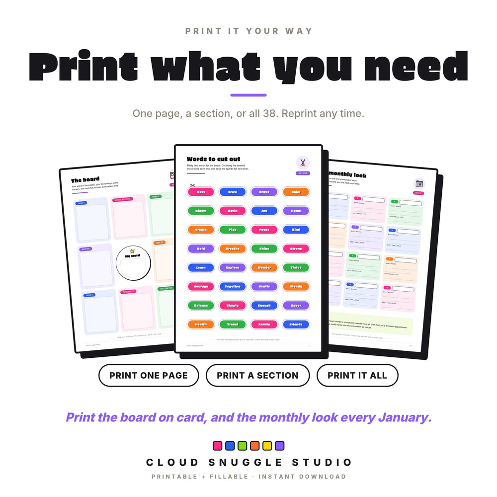Print one page or print it all, shown with the board, the words to cut out and the monthly look.