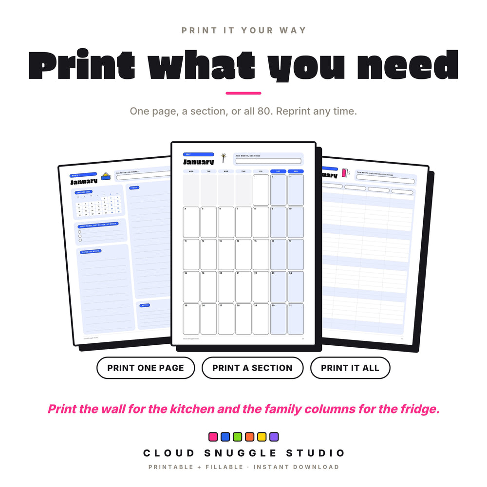 Print one page or a section, shown with the month planner, the January wall calendar and the family columns.
