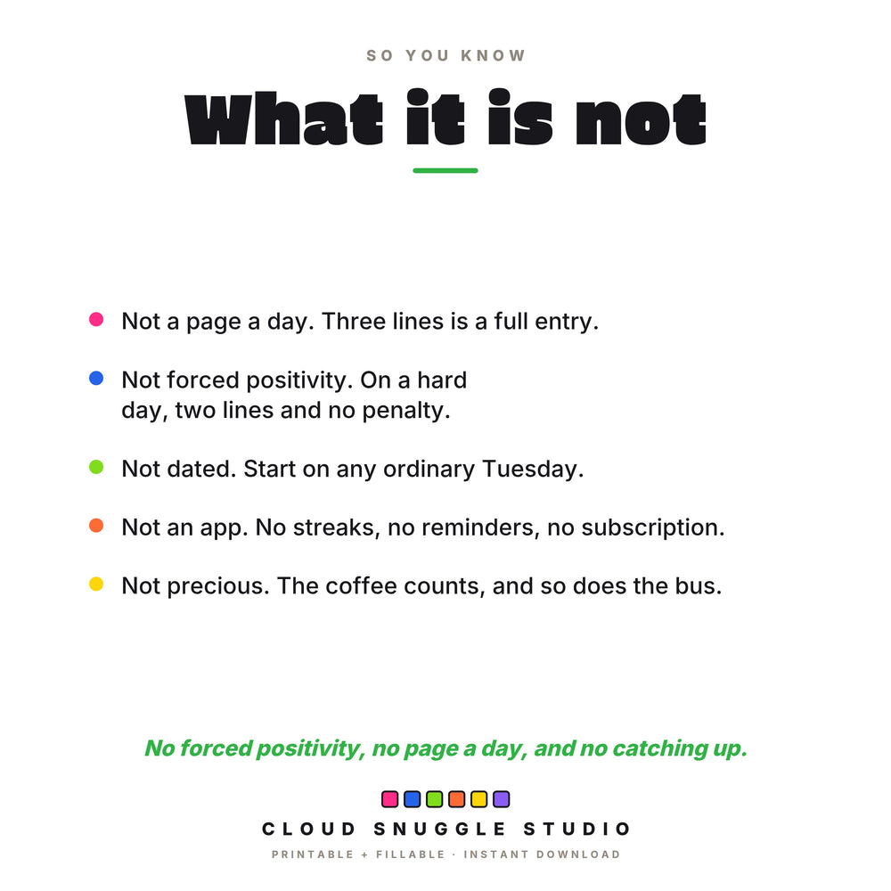 What this gratitude journal is not: not a page a day, not forced positivity, not dated, not an app, and not precious.