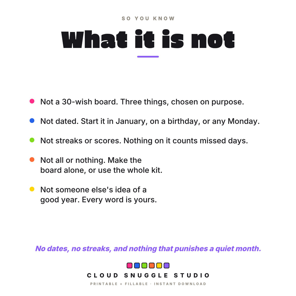 What this vision board kit is not: not a 30-wish board, not dated, not streaks or scores, not someone else's idea of a good year.