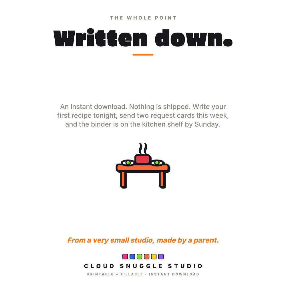 A note for you, titled Written down: write your first recipe tonight and the binder is on the kitchen shelf by Sunday, beside a family dinner table.