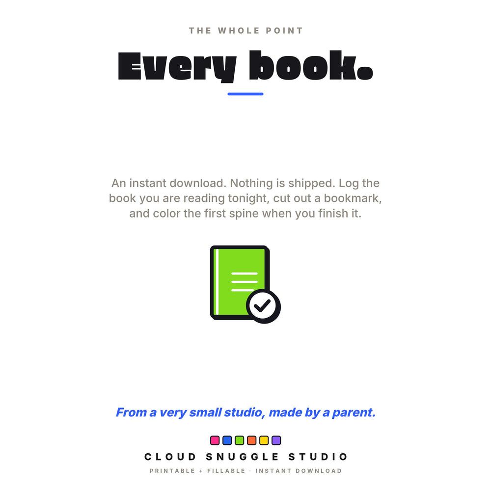 A note for you, titled Every book: log the book you are reading tonight and color the first spine when you finish it, beside a finished book.