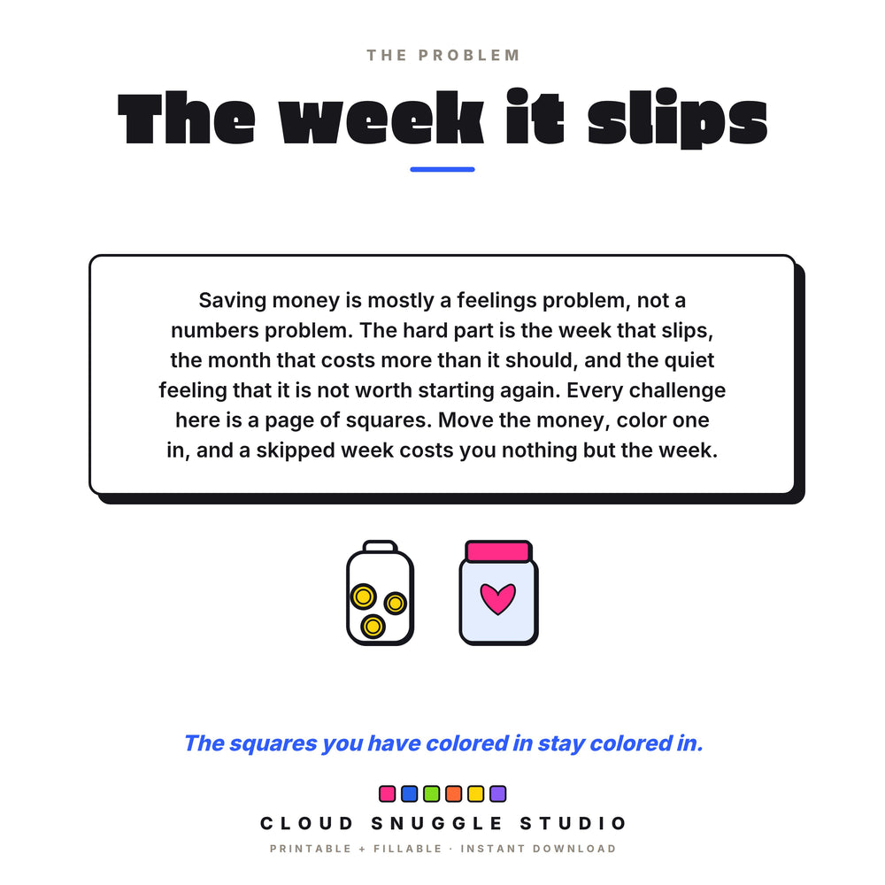 Why this savings challenge pack exists: saving is mostly a feelings problem, so every challenge is a page of squares and a skipped week costs nothing.