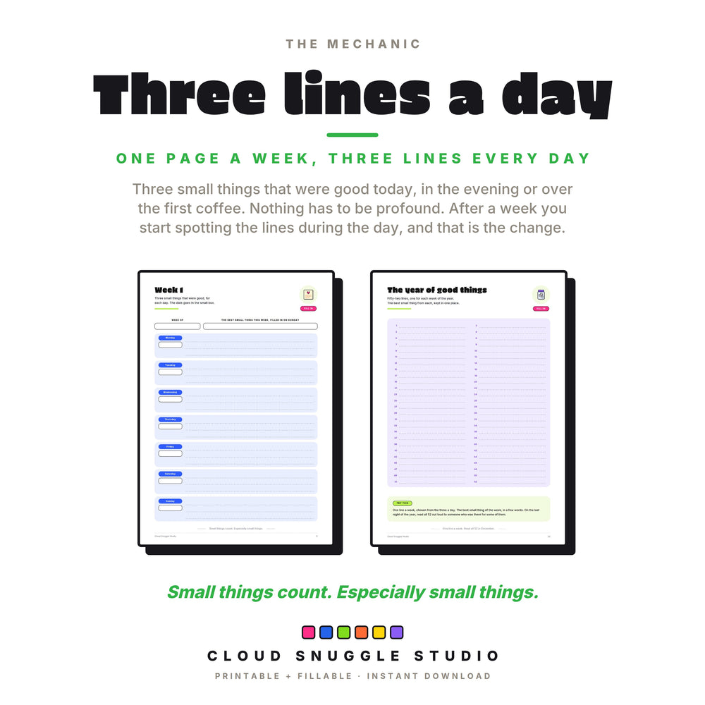 Three lines a day: the week 1 page with three lines for each day, and the year of good things in 52 lines.