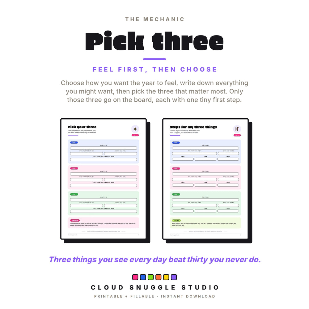 The pick your three page and the steps for my three things page, where you choose three goals for the year and write a tiny first step for each.