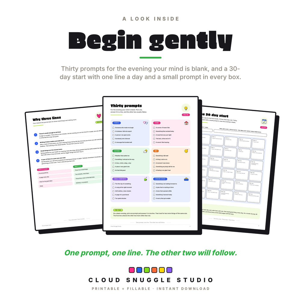 Real pages: why three lines, thirty gratitude prompts for a blank evening, and the 30-day start with a prompt in every box.