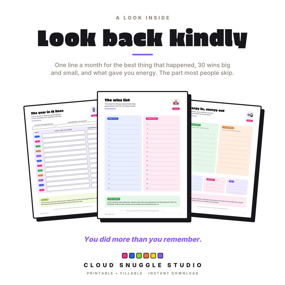 Real pages: the year in 12 lines, the wins list with 30 lines, and energy in, energy out for a kind year in review.