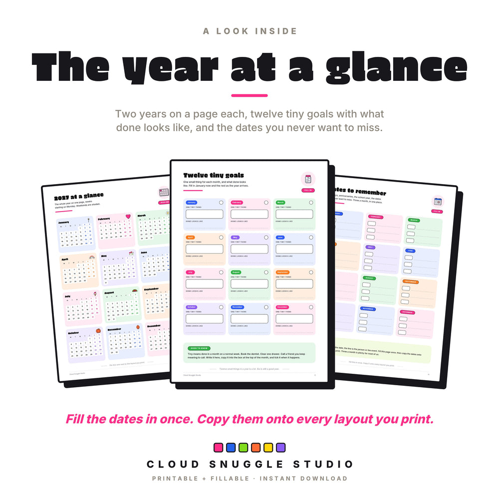 Real pages: 2027 at a glance with weekends shaded, twelve tiny goals, and dates to remember for the whole year.