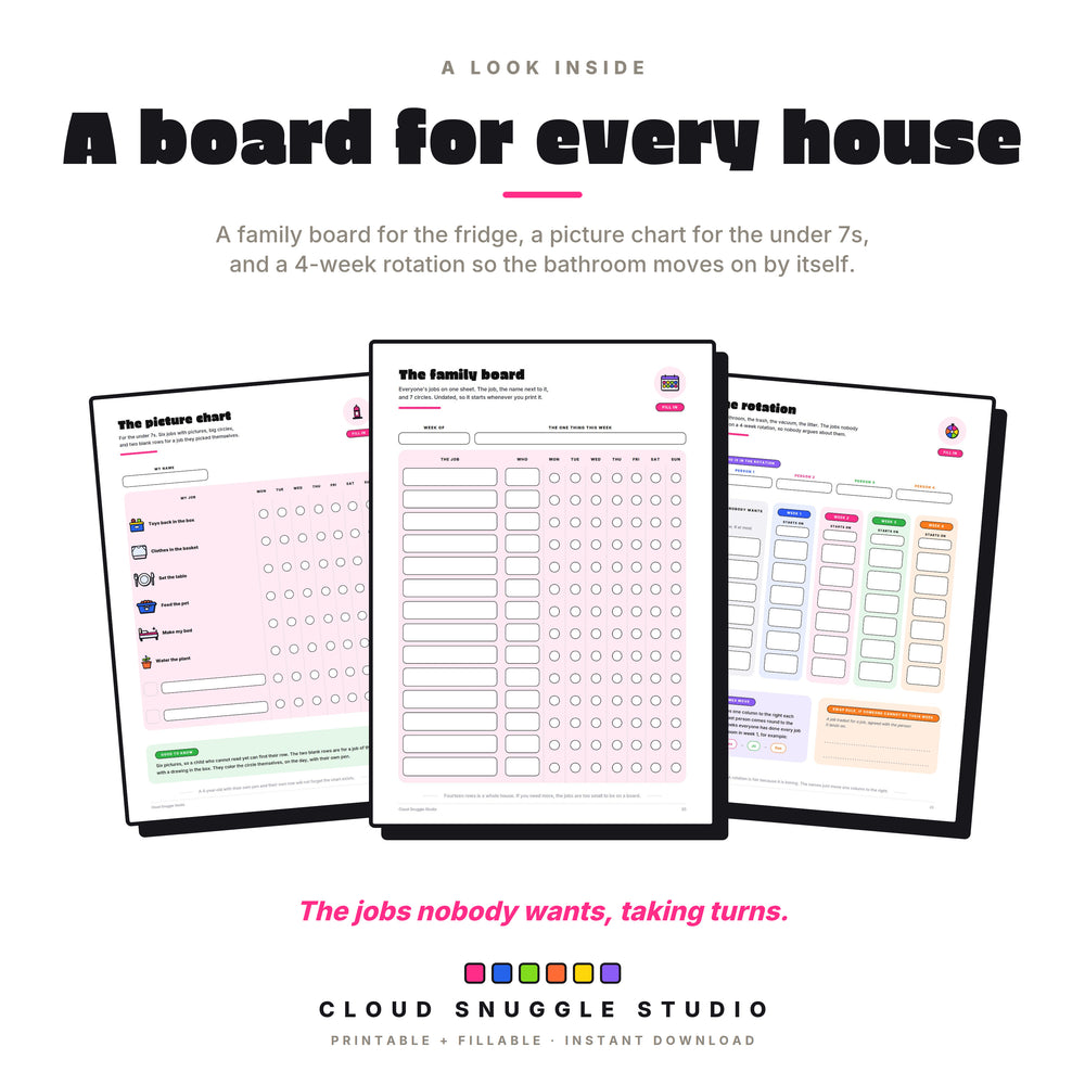 Inside pages: the family board, the picture chart for the under 7s, and the 4-week chore rotation.
