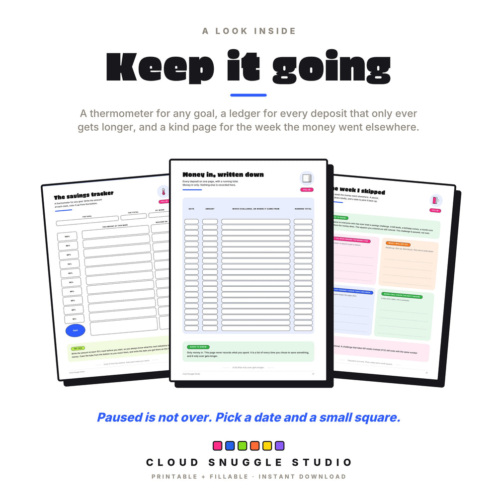 Real pages: the savings tracker thermometer, money in written down, and the week I skipped.