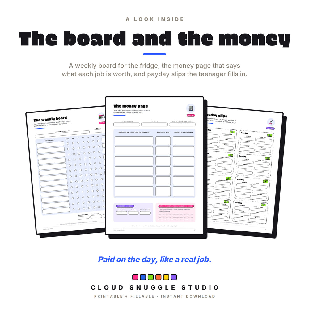 Inside pages: the weekly chore board, the money page that sets what each job is worth, and payday slips for the allowance.